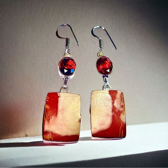 Nora Jasper & Garnet Gemstones in Handcrafted 925 Stamped Earrings - Picture 1 of 5